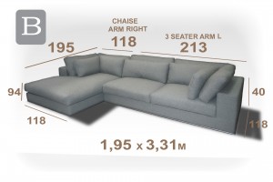 Optie B: chaise arm R + 3seater L  –  1,95 x 3,13m