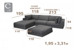 Optie C/2: chaise arm R + 3seater L  + hocker – 1,95 x 3,31m